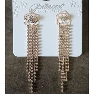 Princess Accessories Dangling Rose Floral Rhinestone Earrings Costume Jewelry